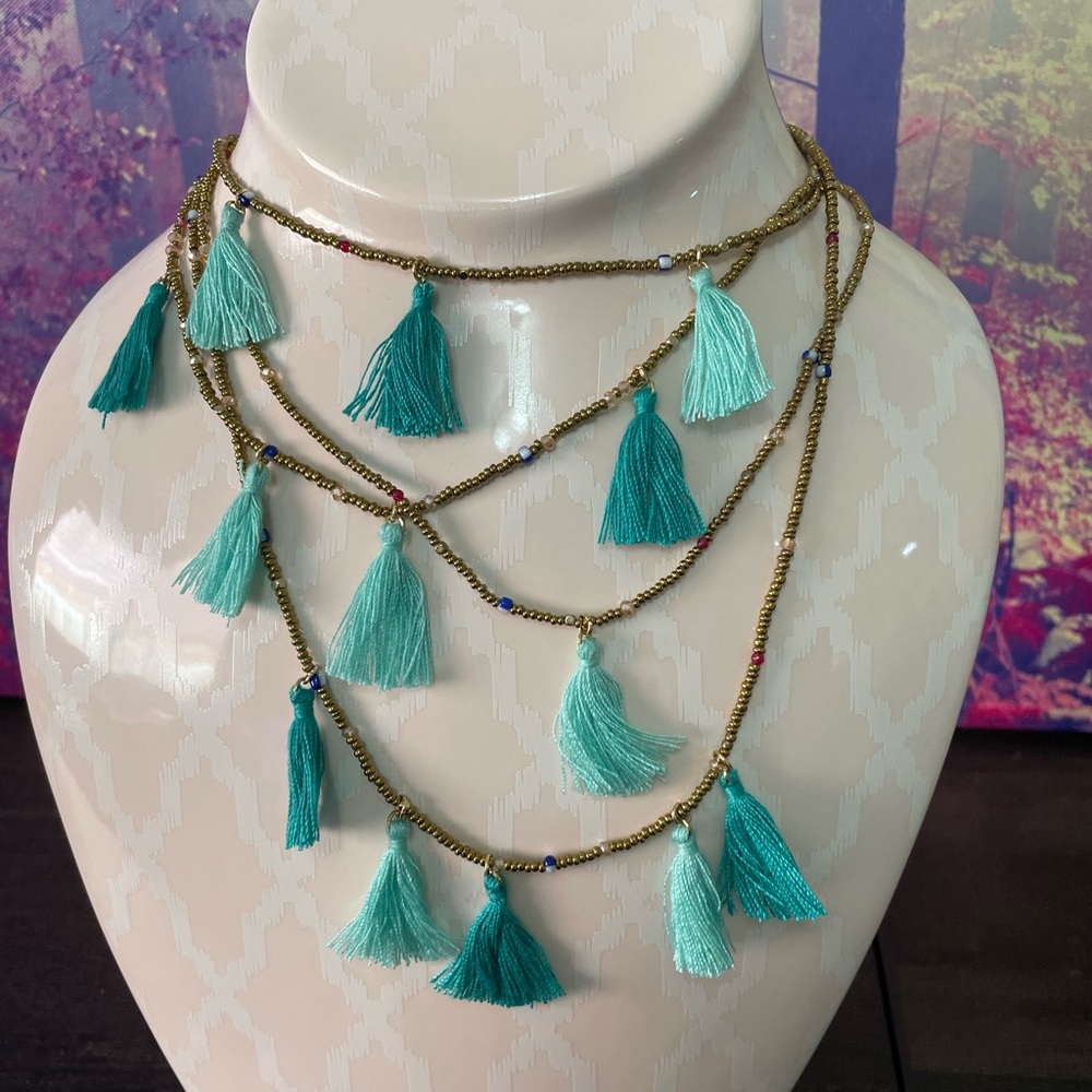 NWT Express Blue/‎ Teal/ Turquoise and Gold Multi-Layered Tassel Necklace NEW!